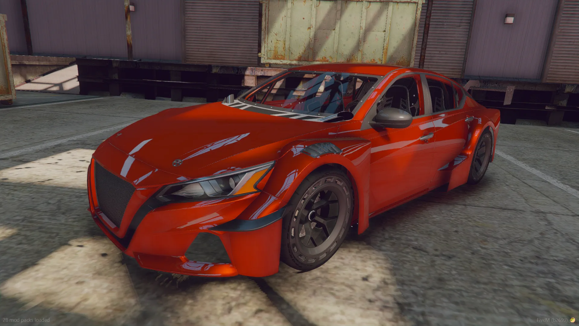 Nissan Altimaniac 2021 FiveM car in red race build with stripe graphics, front three-quarter view in a warehouse yard