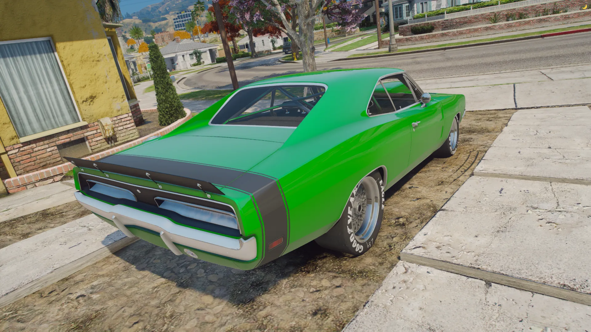 Chrome wheels and a black tail panel on the green FiveM Dodge Charger 1969, rear three-quarter by the sidewalk