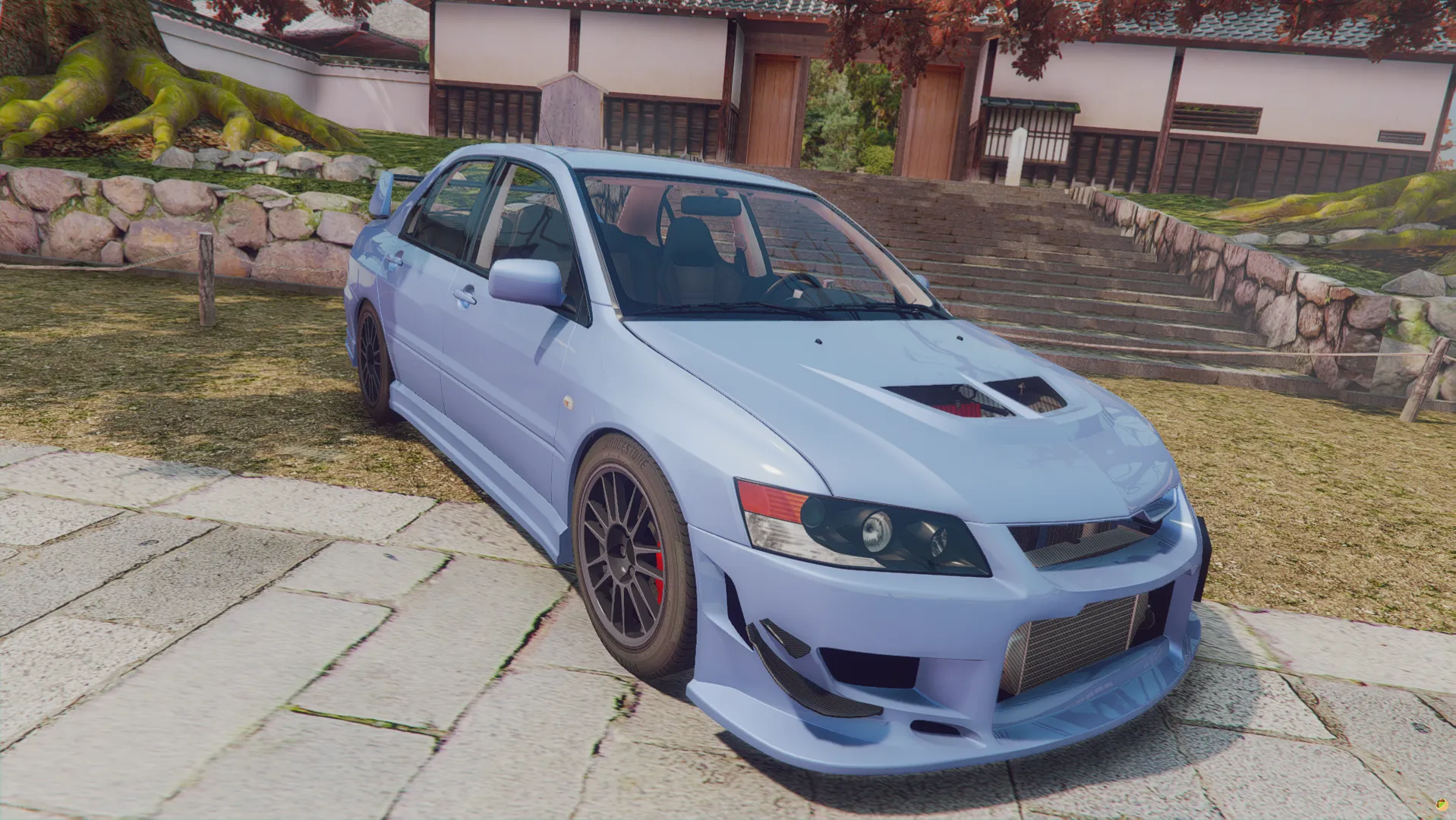 Mitsubishi Lancer Evo IX MR 2006 FiveM car in pale blue with bronze wheels, front three-quarter view in a temple courtyard