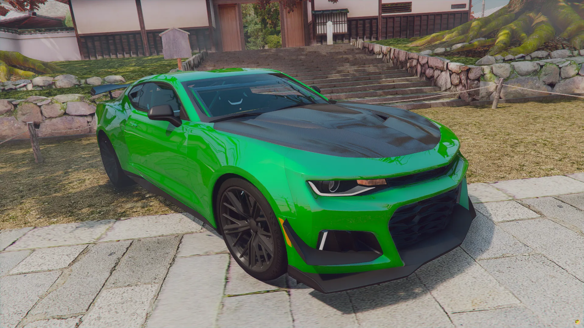 Chevrolet Camaro ZL1 2022 FiveM car in green with a black carbon hood, front three-quarter view at temple steps