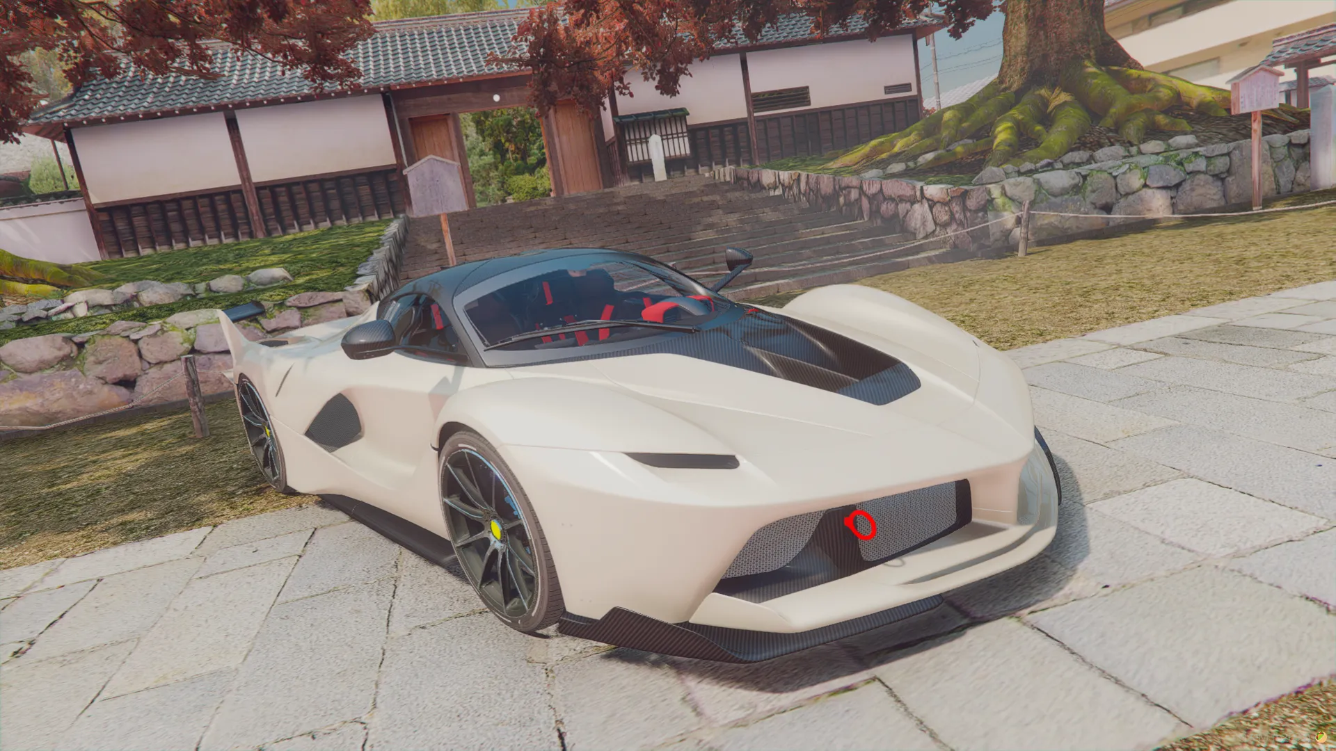 Ferrari FXX K 2015 FiveM hypercar in white with a red tow hook, front three-quarter view in a temple courtyard