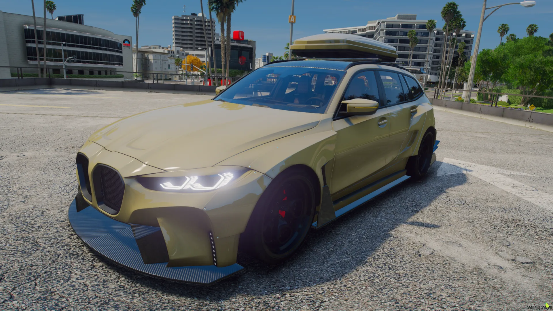 BMW M3 Touring G81 2022 FiveM car in olive gold with a roof box and carbon splitter on a palm-lined lot