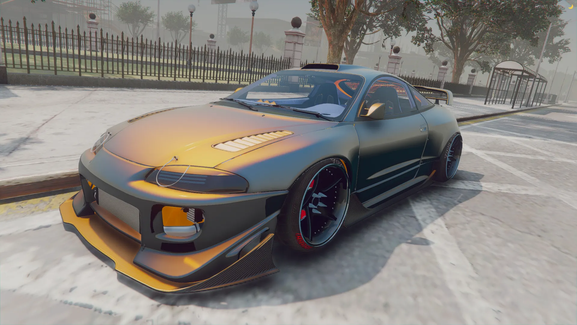 Mitsubishi GSX Coupe 1995 FiveM car in green to gold color-shift paint with widebody kit, front three-quarter view
