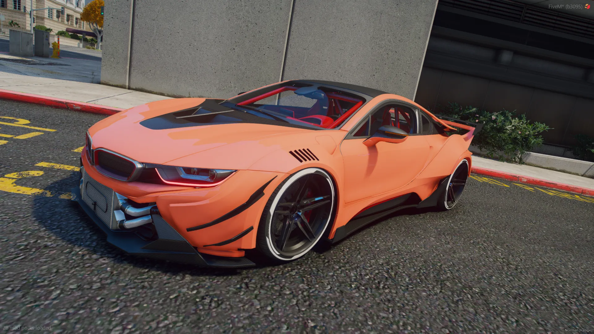 BMW i8 Custom Edition FiveM car in orange widebody with a carbon hood and deep-dish wheels on a city street