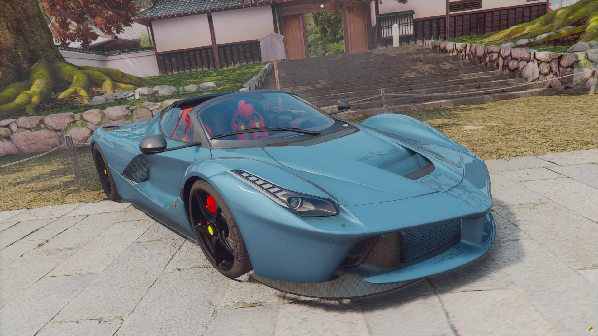 Ferrari LaFerrari 2013 FiveM hypercar in steel blue with red calipers, front three-quarter view in a temple courtyard