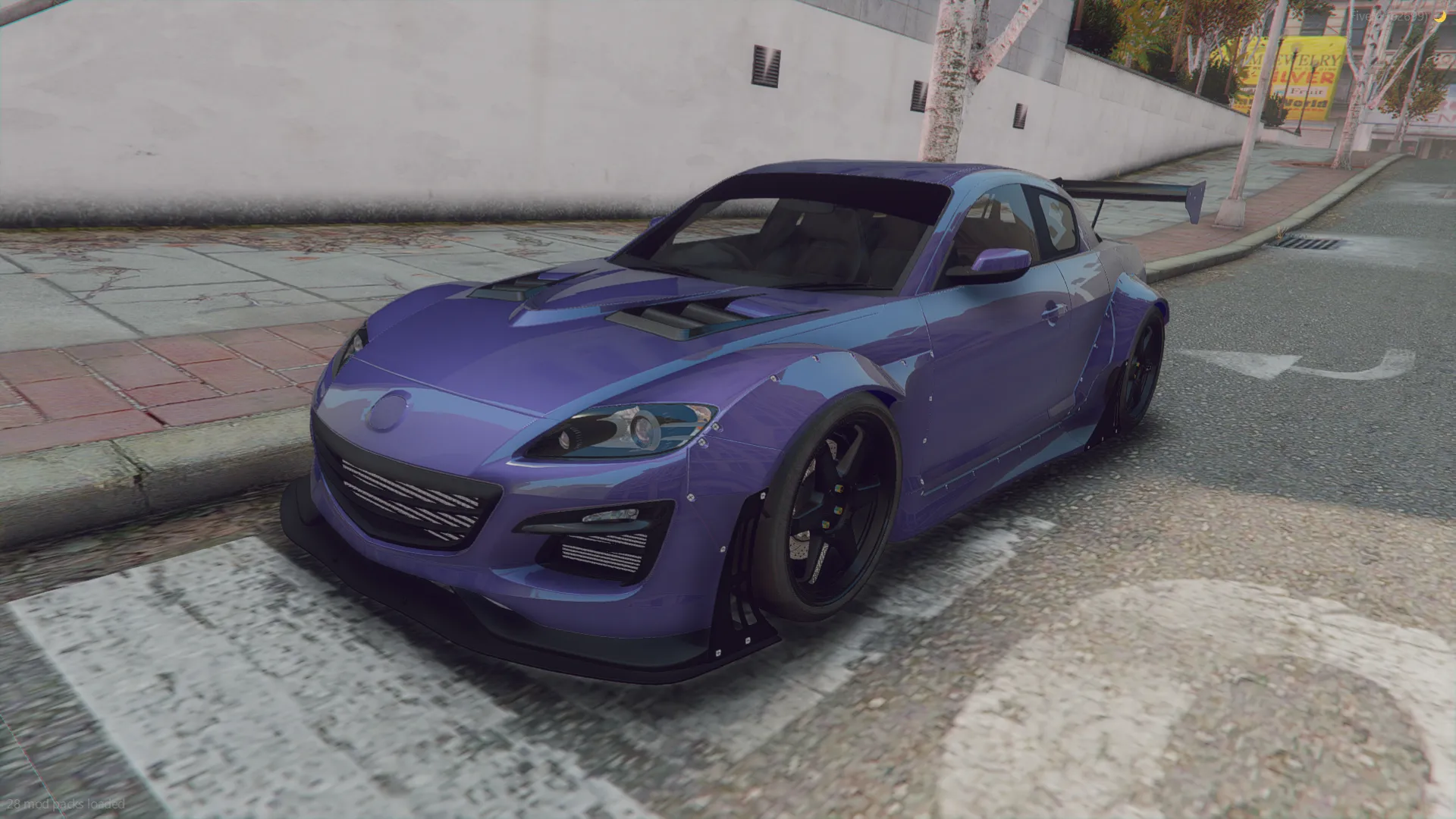 Mazda RX8 Bodykit 2002 FiveM car in purple widebody with black wheels, front three-quarter view on a crosswalk