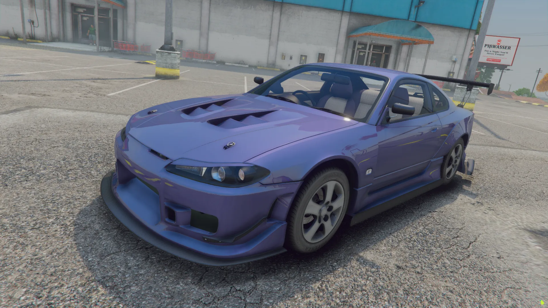 Purple-blue Nissan Silvia S15 FiveM car with a vented hood and silver wheels, front three-quarter at a mall lot