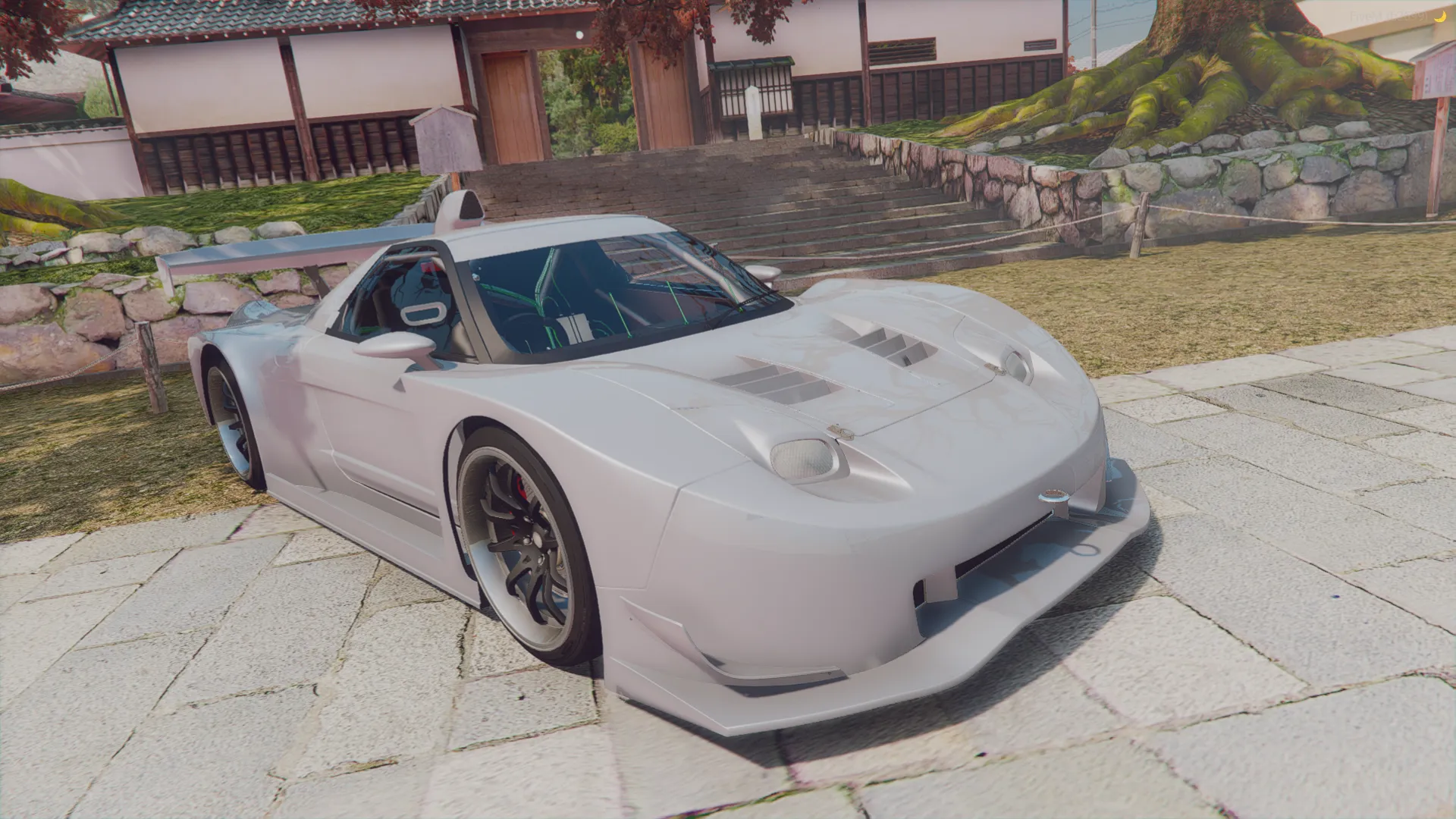 HONDA GT500 NSX 2006 FiveM race car in silver white with a wide body kit, front three-quarter by a temple